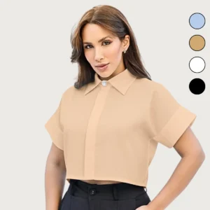 D_NQ_NP_2X_700408-MLB95977879132_102025-F-cropped-bege-camisa-manga-curta-femenina-de-botoes Cropped Bege Camisa Manga Curta Femenina De Botoes