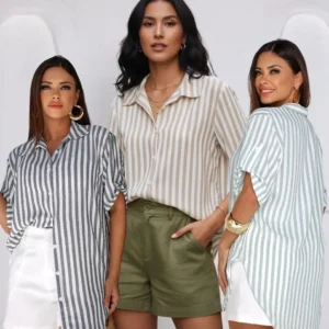 D_NQ_NP_2X_848609-MLB96663244577_102025-F-camisa-femenina-listrada-casual-botoes-frontal-manga-curto Camisa Femenina Listrada Casual Botões Frontal Manga Curto